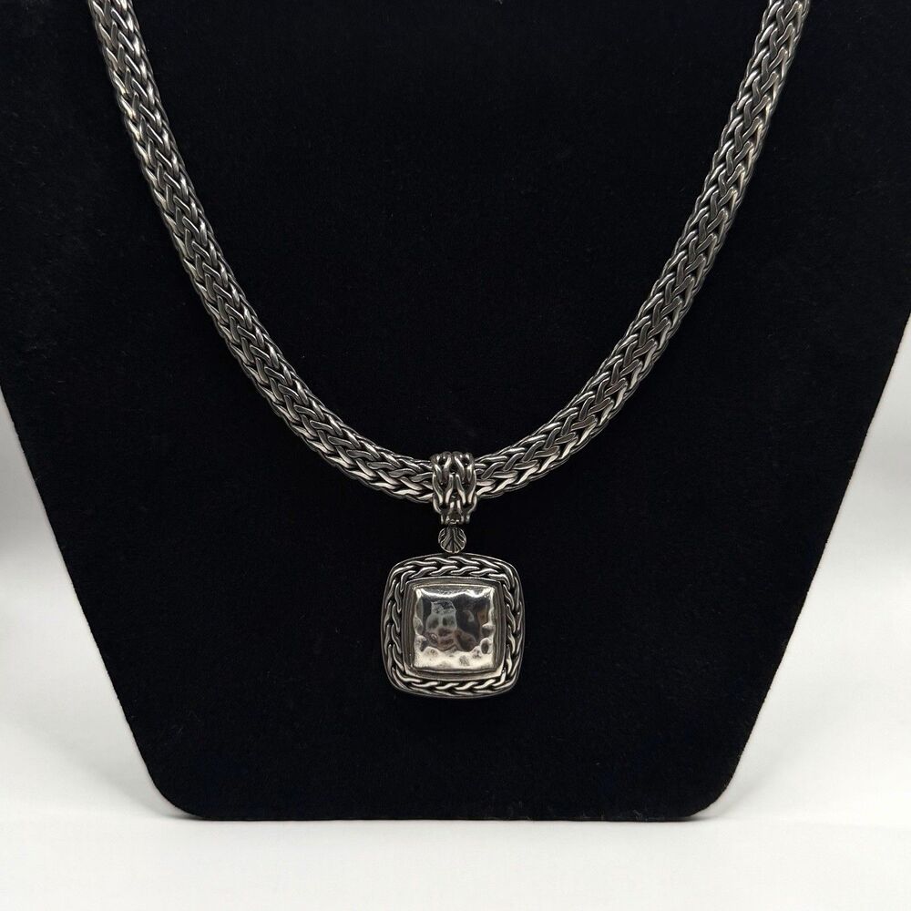 John Hardy Sterling Silver 18” Woven Chain Hammered Square Pendant Necklace